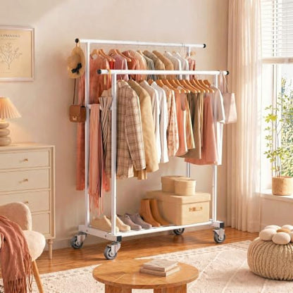 Calmootey Rolling Garment Rack, Sturdy Clothes Organizer for Bedroom - color: White, style: Double Rods