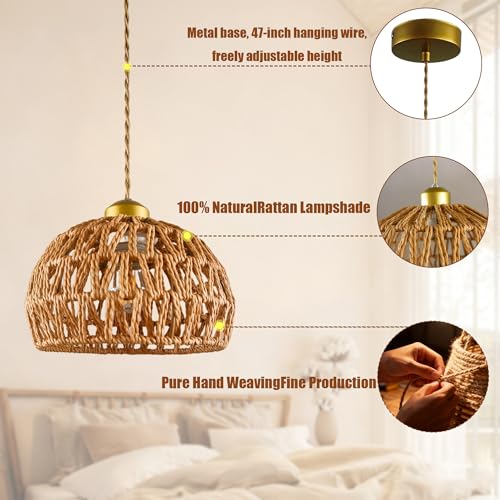 11.6" Large Dome Hemp Rope Pendant Light, E26 Gold Woven Kitchen Lamp - color: Basket Shape, size: 12 inch
