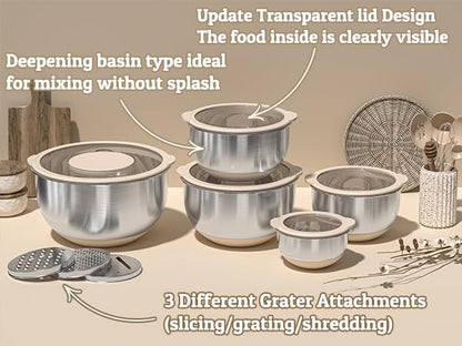 Mixing Bowles Set with Lids Set - Warp-Proof TPR-AS Lids, Stainless Steel Mixing Bowl with 3 Graters & Measuring Lines, Non-Slip Bowls for Baking, Prep, Airtight Food Storage (Khaki 5/3/2/1.5/0.63QT) - color: Khaki
