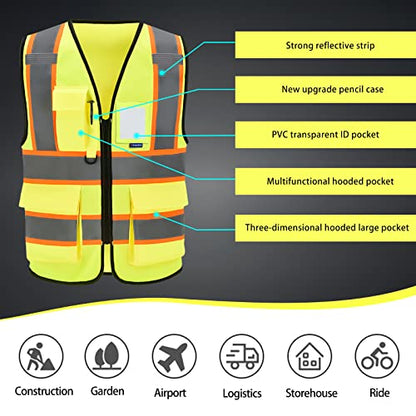AYKRM Security Vest for Men Women 7 Pockets High Visibility Reflective Safety Vest Front Zipper Meets ANSI/ISEA - color: Yellow-csi, size: Large