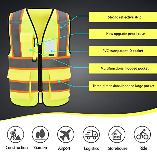 AYKRM Security Vest for Men Women 7 Pockets High Visibility Reflective Safety Vest Front Zipper Meets ANSI/ISEA - color: Yellow-csi, size: 3X-Large