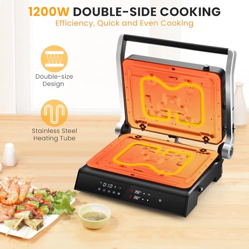 COSTWAY Electric Panini Press Grill, Gourmet Sandwich Maker with Tongs