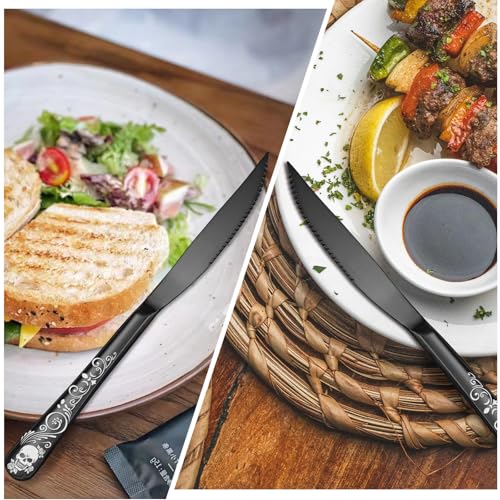Skull Ultra Sharp 2-IN-1 Serrated Knives, SANLUNS Chef Knife Set Serrated Knives of 12 - Professional Design Collection - 18/0 Stainless Sharp Dinner Knive Unique Skull Pattern Design - color: 10-Steak Knife-12Pc-Black-Skull