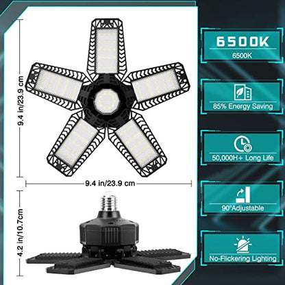 Garage Lights - 160W 16000LM 6500K Screw in LED Garage Lights 5+1 Deformable Panels for Basement, Workshop, Attic,E26/E27, Black(1)
