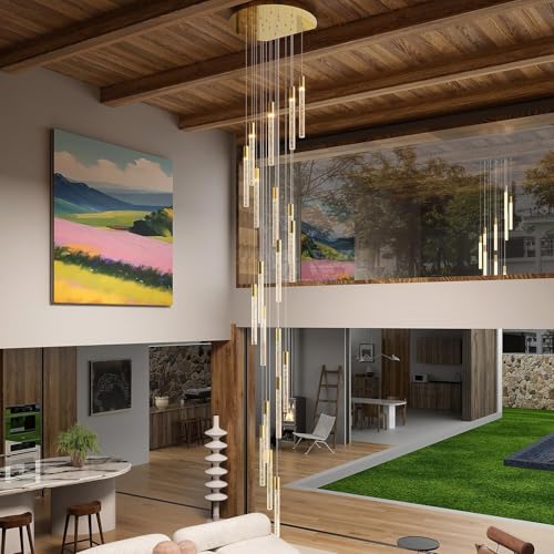 Large 20-Light Gold Crystal Chandelier Modern Dimmable LED Pendant Light Height Adjustable Hanging Fixture for High Ceilings Foyer Staircase Hotel Lobby - color: Gold, size: 20-Light