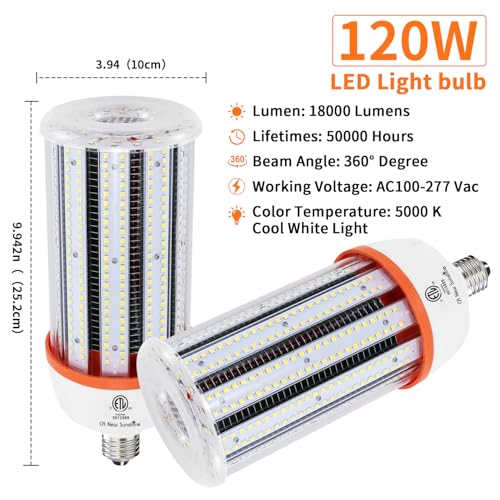 1200W Equivalent Led Corn light bulbs,18000 Lumen LED Corn Bulb 120W 5000K Daylight White Lamp,E26/E39 Medium Mogul Base,2-Pack Large Area Lights For Outdoor Indoor Warehouse Garage High Bay Lighting