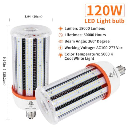 1200W Equivalent Led Corn light bulbs,18000 Lumen LED Corn Bulb 120W 5000K Daylight White Lamp,E26/E39 Medium Mogul Base,2-Pack Large Area Lights For Outdoor Indoor Warehouse Garage High Bay Lighting