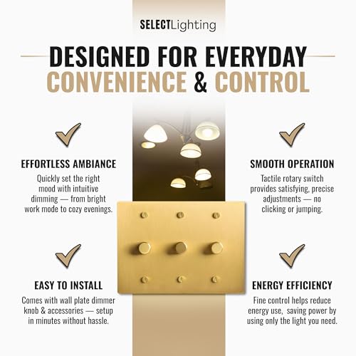 SELECT 3 Gang Solid Brass Rotary Dimmer Switch, 3-Way & 1-Way Compatible - color: Satin Brass, size: 3 Gang, style: 1/3-Way Dimmer
