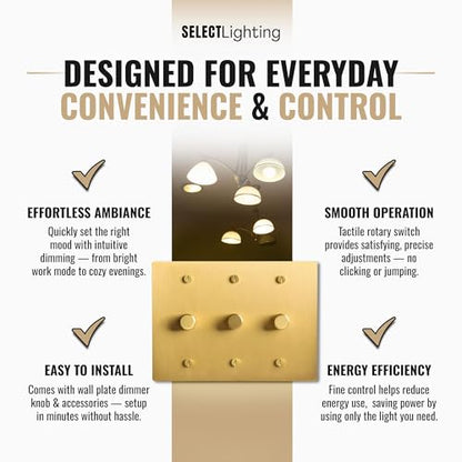 SELECT 3 Gang Solid Brass Rotary Dimmer Switch, 3-Way & 1-Way Compatible - color: Satin Brass, size: 3 Gang, style: 1/3-Way Dimmer