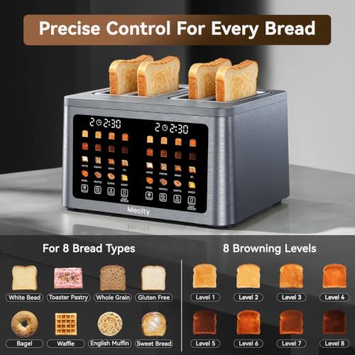 Mecity 4 Slice Toaster Wide Slot, Auto Lift Keep Warm Smart Toaster with Touch Screen, Dual Control Panel, Defrost, Auto Shut Off Digital Toasters for Bagel Muffin Waffle Gluten Free Breads1700W 120V - color: 4 Slot-Brushed stainless steel gray