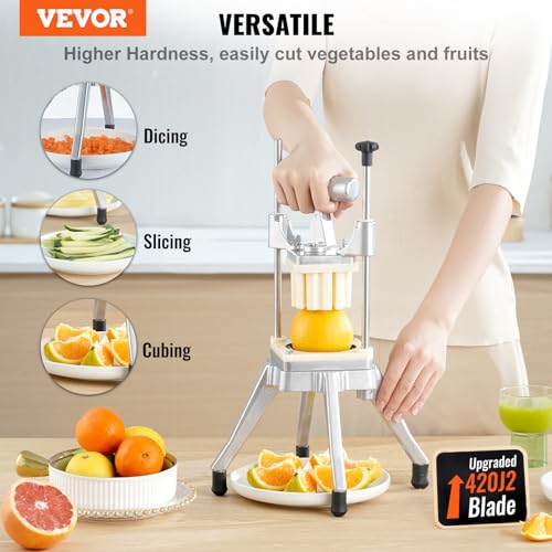 VEVOR Commercial Vegetable Fruit Chopper, Stainless Steel French Fry Cutter w/ 4 Blades 1/4" 3/8" 1/2", Vegetable Chopper Dicer w/Stainless Bowl, Heavy Duty Cutter for Potato Tomato Onion Mushroom - size: 1/4" + 3/8" + 1/2" + 6-Wedge Slicer