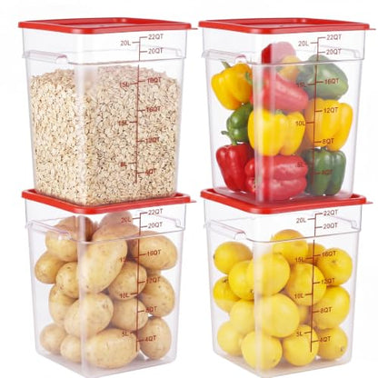 4 Pack Food Storage Containers with Red Lids, 22.0 Qt - Square, Clear, Polycarbonate, for Restaurant Commercial Kitchen and Home party - color: 22.0 Qt-Red Lids