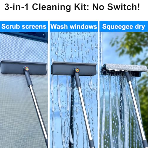 3-in-1 Window Squeegee for Home - 60" Window Cleaning Kit with 3 Microfiber Cloths & Screen Brush, All-in-1 Cleaner Tool for Outdoor Windows, Glass Door & Screens, Lightweight & Easy Storage