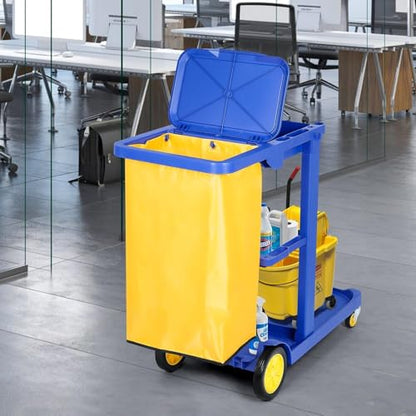 tonchean Commercial Janitorial Cart, 3-Shelf Housekeeping Cart with 22 Gallon Vinyl Bag & Cover, Large Cleaning Cart with Wheels for Hotel, Store, School, Office