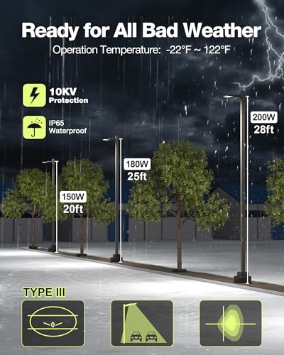 LED Parking Lot Light 200W/180W/150W Selectable, Dimmable 32000LM 160LM/W 5000K, Dusk to Dawn Photocell, IP65/ETL/100-277V, Arm Mount & Slip Fitter in 1 for Driveway, Commercial Area & Security - size: 200W/180W/150W Selectable