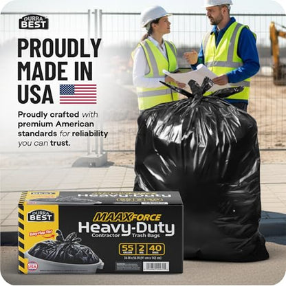 MAAXForce 55 Gallon Contractor Trash Bags with Flap Ties | 2 Mil Heavy-Duty Black Garbage Bags | Leak-Proof & Puncture-Resistant | Made in USA | 36" x 56" Large Construction & Yard Bags (40-Count) - style: Flap Tie