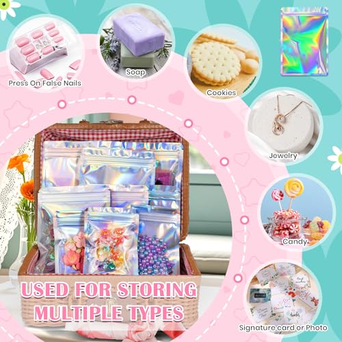 FUNFERY 300 Pack Round Corner Clear Window Holographic Bags Resealable Bags - color: Holographic-300P, size: 4x6 inch