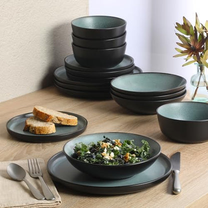 Gibson Elite Tribeca Loft 16-Piece Dinnerware Set – Matte Black and Green Reactive Glaze Stoneware, Double Bowl Round Plates and Bowls – Modern Rustic Tableware for 4, Dishwasher & Microwave Safe - color: Matte Black & Green (Tribeca Loft)