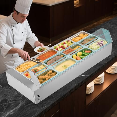 VEVOR Commercial Food Warmer, 1700W Electric Stainless Steel Steam Food Warmer with Glass Cover, 12-Pan Countertop Buffet Bain Marie with Soup & Perforated Ladles, for Catering, Restaurant & Party - size: 56.3 x 22.44 x 15.16 in