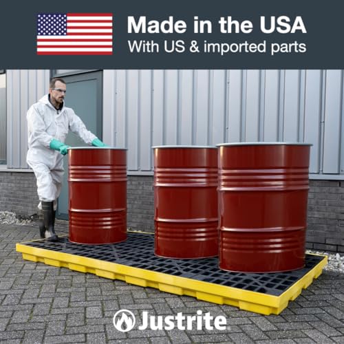 Justrite Low Profile 2 Drum Spill Containment Pallet Accumulation Center - 5.5" Tall - 24 Gal Capacity for 55 Gallon Drum Containment - Made in The USA from 30% Recycled Polyethylene - Yellow - 28654 - color: Yellow, style: 2 Drum