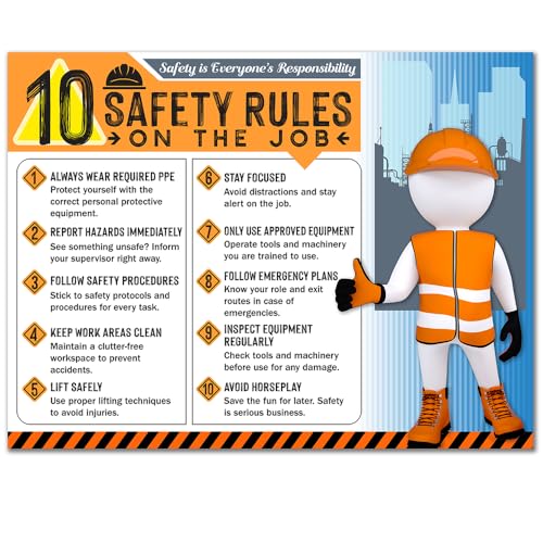 10 Safety Rules on the Job Poster 2026 – 18x24 Durable Laminated Business Safety First Poster Sign, Tear-Resistant, Waterproof Workplace Safety & Industrial Safety Poster for Construction (Pack of 1)