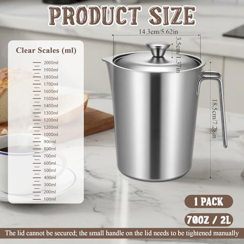 304 Stainless Steel Pitcher with Lid, 70 oz / 2L Measuring Cup