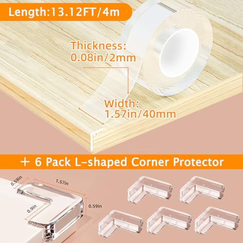 Clear Edge Protector Strip,Corner Protectors with 6 Furniture Corner Guards - size: 1.57in x 13.12FT, 1 Roll, 6 Corners