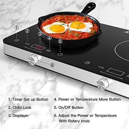 COOKTRON Portable Double Induction Cooktop, 1800W with Knob Control - size: Double Induction Cooktop with Knob Control