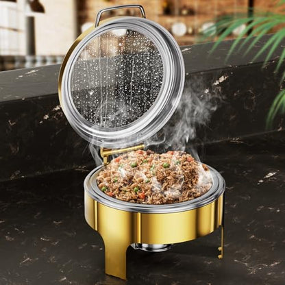 Chafing Dishes for Buffet, 6QT Round Stainless Steel Chafing Dish with Transparent Hydraulic Lid, 304 Food Pan, Buffet Warmer for Parties and Events (Golden) - color: Golden