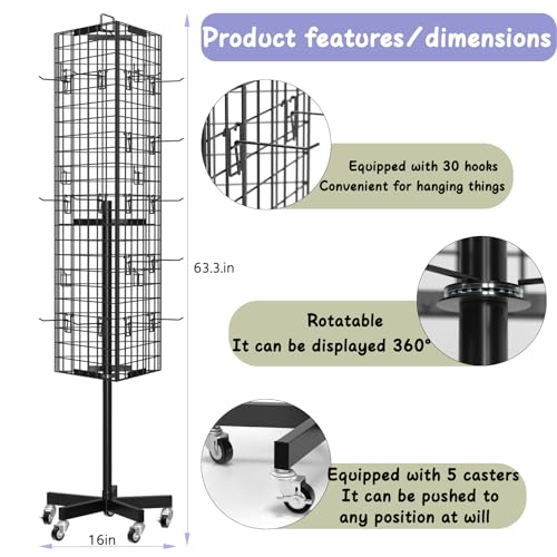 Grid Wall Panels Display Stand - 16”*63.3"Triangular Display Metal Shelf with 30 Hooks for Vendor Events,360° Rotating Art Display Panels Heavy Duty Floor Standing Movable Retail Display Organization
