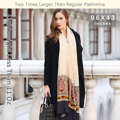 DANA XU 100% Merino Wool Extra Large Pashmina Shawl for Women - color: Navy Beige Paisley
