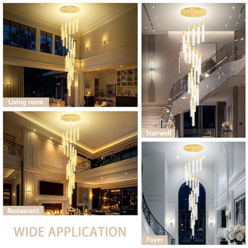 Large 20-Light Gold Crystal Chandelier Modern Dimmable LED Pendant Light Height Adjustable Hanging Fixture for High Ceilings Foyer Staircase Hotel Lobby - color: Gold, size: 20-Light