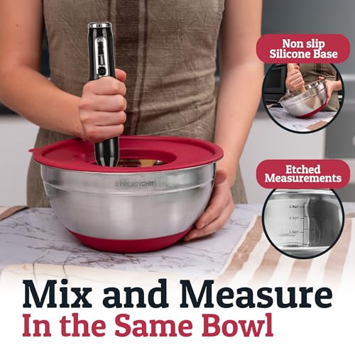 Priority Chef 6Pc Stainless Steel Mixing Bowls with Lids Set, Huge 7 Qrt Size Metal Bowl Set for Kitchen, 3 Graters, Non-Slip Bases & Silicone Utensils Set, Red - color: Red