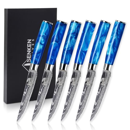 SENKEN Professional 6-Piece Steak Knife Set with Engraved Damascus Pattern, Razor Sharp Blade, High Carbon Steel with Gift Box (Blue) - color: Cerulean Blue