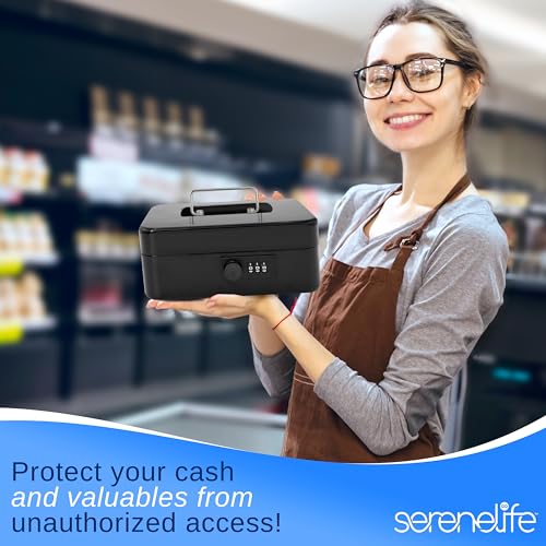 Serenelife 8" Metal Cash Box with Lock | Cash Safe Lock Box with Money Tray | 5 Lockable Drawers | Five Compartment Cash Tray | Storage for Valuables | Steel | Key Lock | 8" x 6.2" x 3.5" in | Black - color: Black