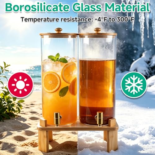 2 Gallon 2 PCS (4 gallon) Beverage Dispenser With Bamboo Wood Stand,Large Glass Drink Dispenser for Parties,Large Water Dispensers with Spigot,Juice Containers & Water Pitcher,Lemonade Dispenser