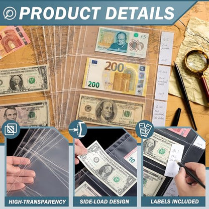 20 Sheets Currency Sleeves 60 Pockets with Labels for 3-Ring Binder - size: 20 Sheets/60 Pockets