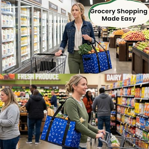 Reusable Grocery Bags (3 Pack) - Heavy Duty Foldable Tote Bags with Long Handles & Hard Bottom - Large Reusable Shopping Bags, Box-Shaped Grocery Totes Hold Up to 65 lbs, Stand Up & Fold Flat - color: Navy Blue