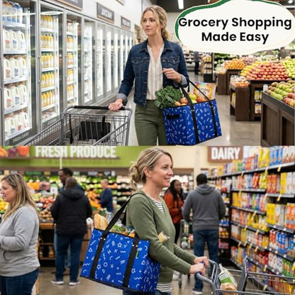 Reusable Grocery Bags (3 Pack) - Heavy Duty Foldable Tote Bags with Long Handles & Hard Bottom - Large Reusable Shopping Bags, Box-Shaped Grocery Totes Hold Up to 65 lbs, Stand Up & Fold Flat - color: Navy Blue