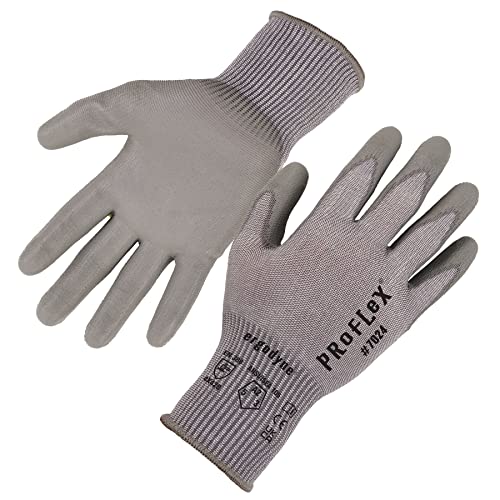 Ergodyne ProFlex 7024 Cut Resistant Work Gloves, ANSI A2, PU Coated Palms for Flexible No Slip Grip, Abrasion Resistant, 13g, Touchscreen Capable, Gray, Small - size: Small