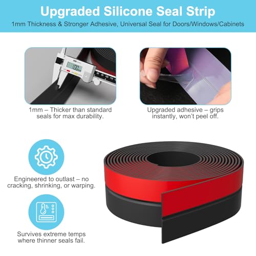Elvone Weather Stripping Door Seal, 20ft Adhesive Silicone Strip, Black - color: Black, size: 20 ft x 1 in