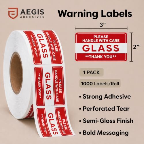 2" X 3" Glass Stickers (500 Labels, 1 Roll) - Please Handle with Care - color: Glass 2" X 3"