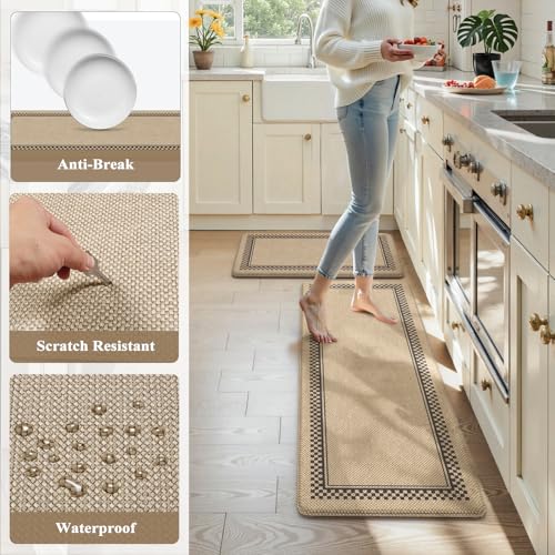 KIMODE Kitchen Mats Cushioned Anti Fatigue, Jute Geometric Kitchen Rugs Set - color: Jute, size: 17.3" x 47"+17.3" x 29"--0.47 inches