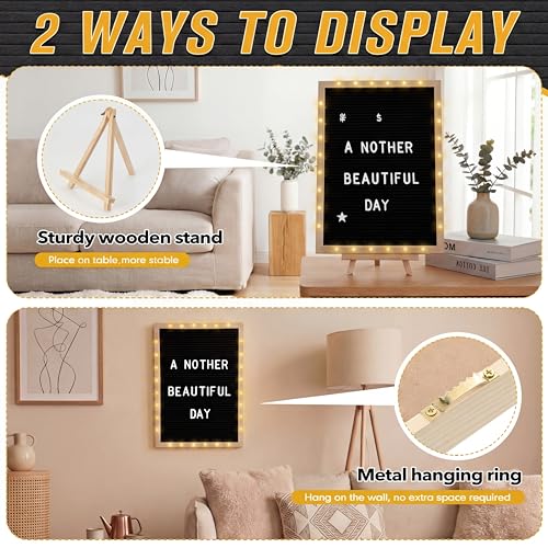 12 x 16 Inches Felt Letter Board & LED Light, Black, Natural Wood - color: Black, size: 12 x 16 Inches, style: Natural Wood