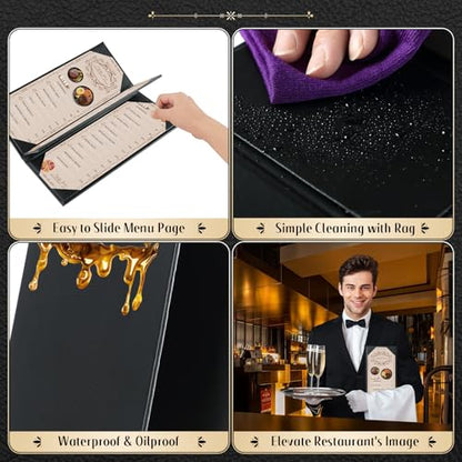 Restaurant Menu Covers Holders 4.25" x 11" | Pack of 5 Synthetic Leather Triple Fold Panels 4 View Angled Corners Black for Wine List, Drinks (5, Triple Fold Panels 4 View (4.25 x 11 inch)) - size: 3 Page 4 View