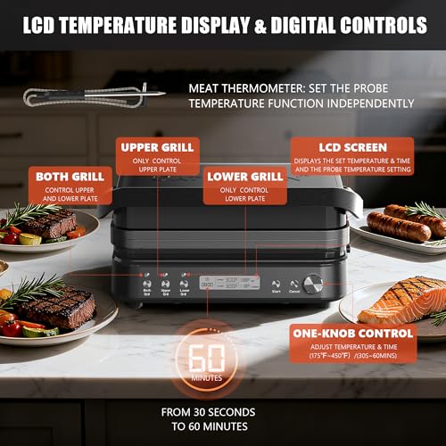CATTLEMAN 5 in 1 Ceramic Panini Press Grill with Removable Plates, 1600W - color: Black with Reversible Plates