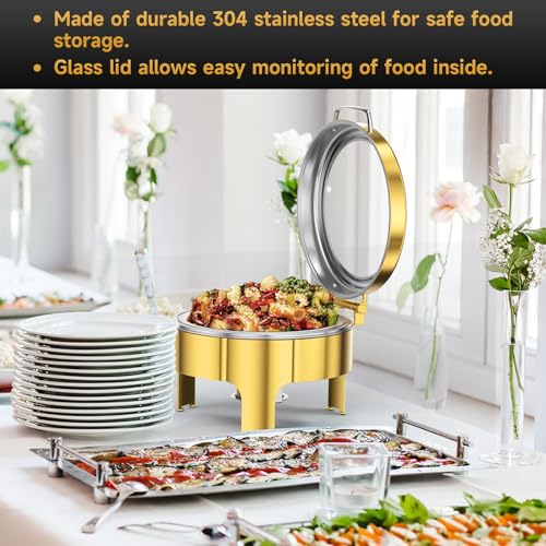 Chafing Dishes for Buffet, 6QT Round Stainless Steel Chafing Dish with Transparent Hydraulic Lid, 304 Food Pan, Buffet Warmer for Parties and Events (Golden) - color: Golden