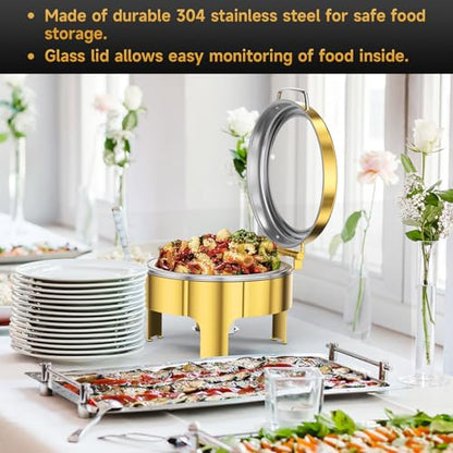 Chafing Dishes for Buffet, 6QT Round Stainless Steel Chafing Dish with Transparent Hydraulic Lid, 304 Food Pan, Buffet Warmer for Parties and Events (Golden) - color: Golden