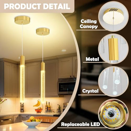 Modern Gold Crystal Column Pendant Light, Dimmable LED Chandelier, Adjustable Hanging Pendant Lighting for Kitchen Island - color: Gold, size: 1-Light