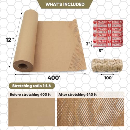 Honeycomb Packing Paper 12”x400’ Moving Supplies. Eco Friendly Bubble Paper Wrap Roll for Packing Fragile Items. Packaging Sheets for Moving. Kraft Paper Shipping Supplies. - size: 12" x 400 ft
